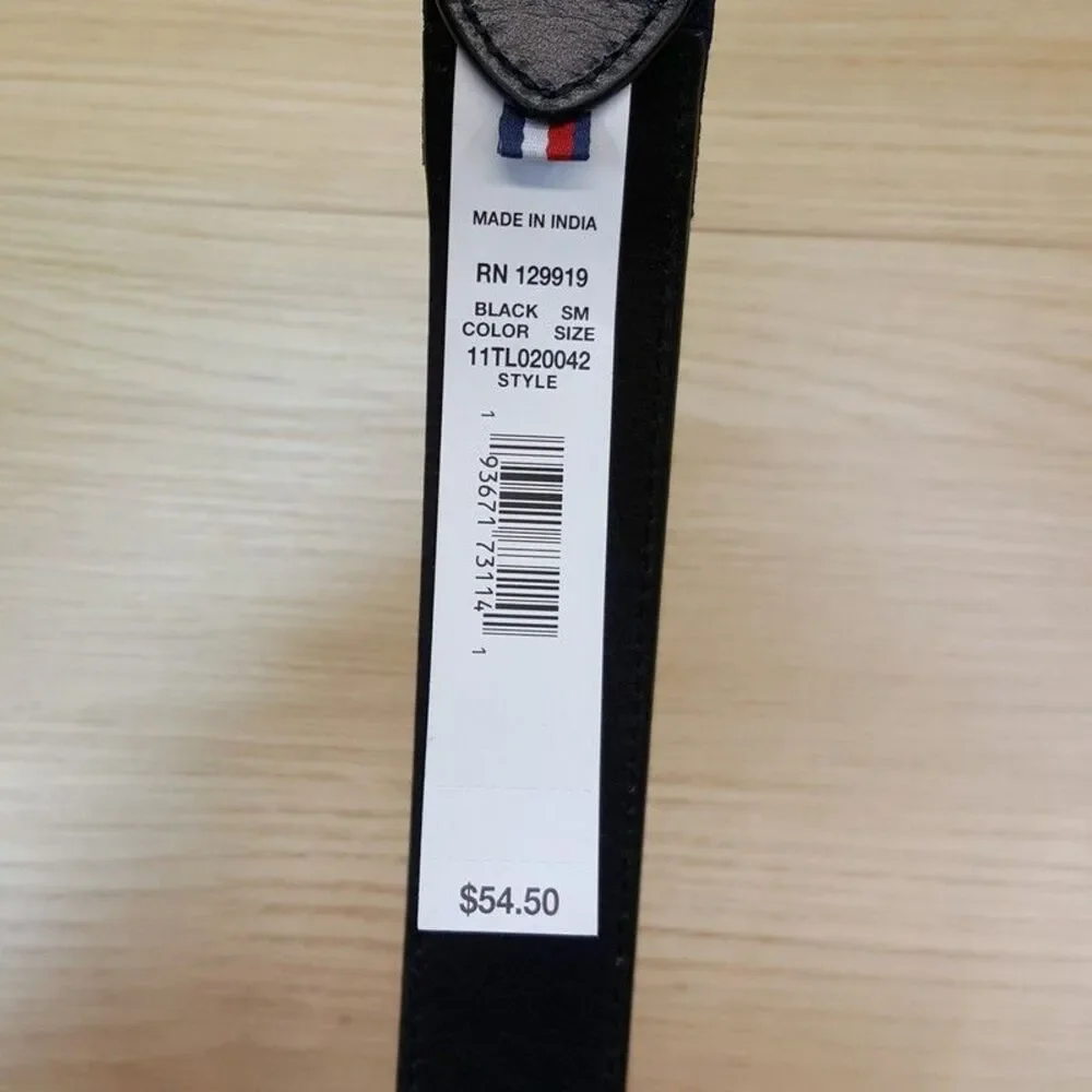 TOMMY HILFIGER Belt Mens Size 30 32 Black Genuine Leather Silver Buckle